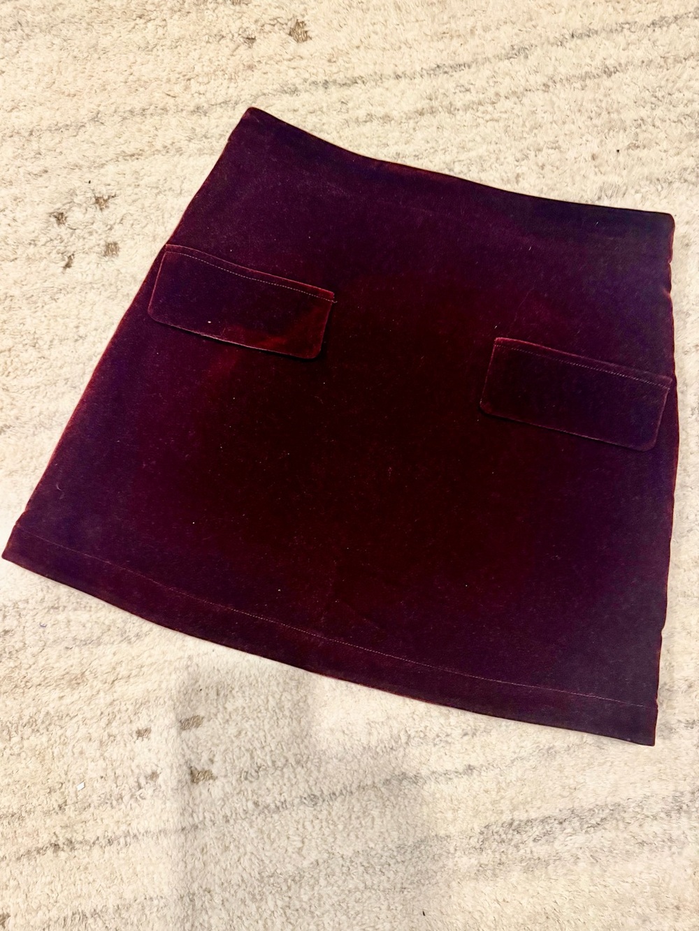 Moon River Burgundy Velvet Mini Skirt with Front Pockets